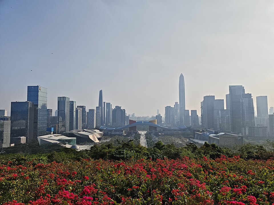 Shenzhen Civic Centre and the Futian skyline seen from Lianhuashan Park